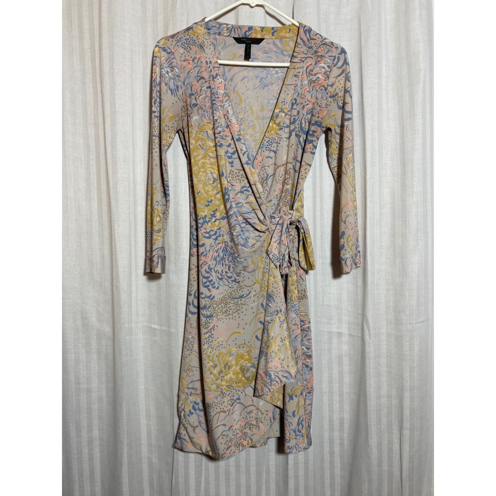 BCBGMAXAZRIA Petites Floral Wrap Dress Blue Yellow Size SP Long Sleeve Soft Girl